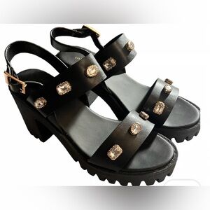 Madden Girl storm black Jewel lug block heel platform Embellished Sandals